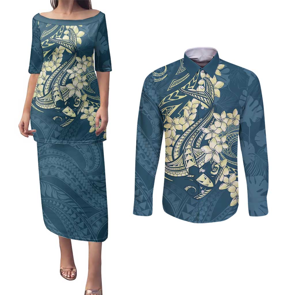 Cyan Polynesia Hammerhead Shark Tattoo With Plumeria Lei Couples Matching Puletasi and Long Sleeve Button Shirt LT14 Cyan - Polynesian Pride