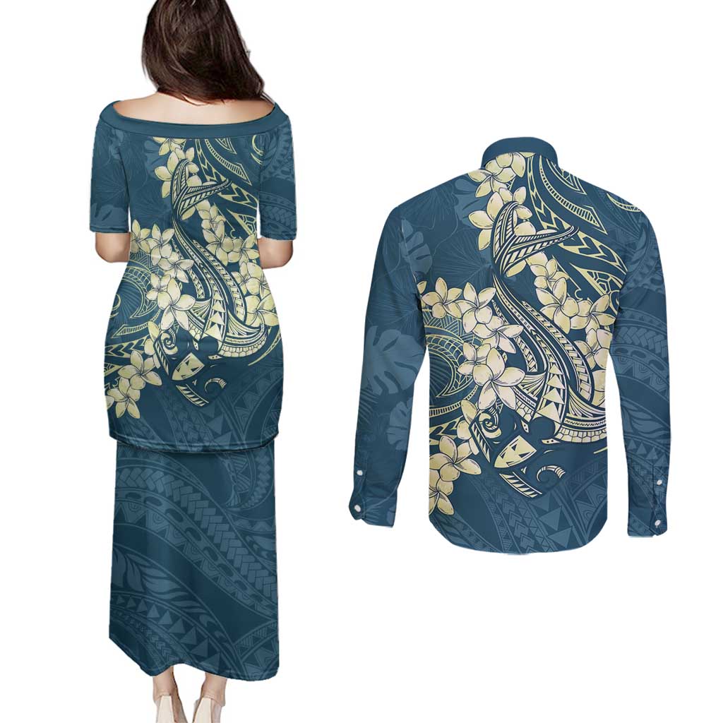 Cyan Polynesia Hammerhead Shark Tattoo With Plumeria Lei Couples Matching Puletasi and Long Sleeve Button Shirt LT14 - Polynesian Pride