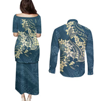 Cyan Polynesia Hammerhead Shark Tattoo With Plumeria Lei Couples Matching Puletasi and Long Sleeve Button Shirt LT14 - Polynesian Pride