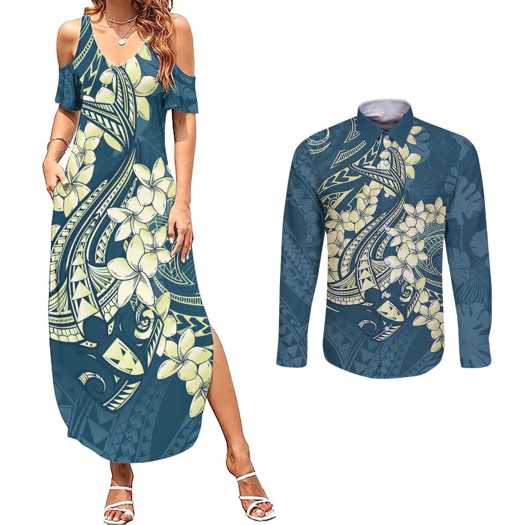 Cyan Polynesia Hammerhead Shark Tattoo With Plumeria Lei Couples Matching Summer Maxi Dress and Long Sleeve Button Shirt