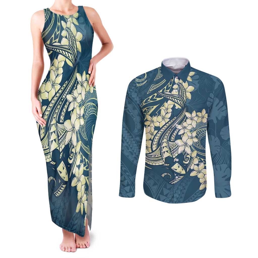Cyan Polynesia Hammerhead Shark Tattoo With Plumeria Lei Couples Matching Tank Maxi Dress and Long Sleeve Button Shirt LT14 Cyan - Polynesian Pride