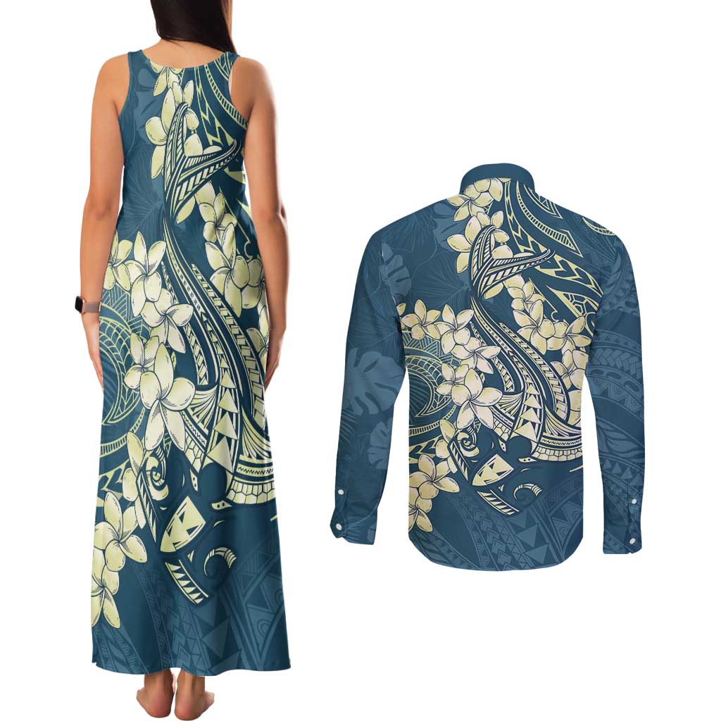 Cyan Polynesia Hammerhead Shark Tattoo With Plumeria Lei Couples Matching Tank Maxi Dress and Long Sleeve Button Shirt LT14 - Polynesian Pride