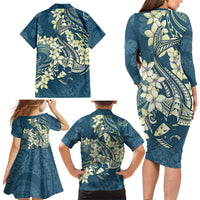 Cyan Polynesia Hammerhead Shark Tattoo With Plumeria Lei Family Matching Long Sleeve Bodycon Dress and Hawaiian Shirt
