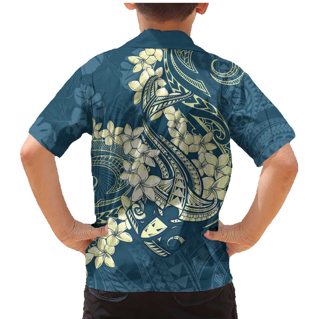 Cyan Polynesia Hammerhead Shark Tattoo With Plumeria Lei Family Matching Mermaid Dress and Hawaiian Shirt