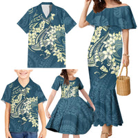 Cyan Polynesia Hammerhead Shark Tattoo With Plumeria Lei Family Matching Mermaid Dress and Hawaiian Shirt