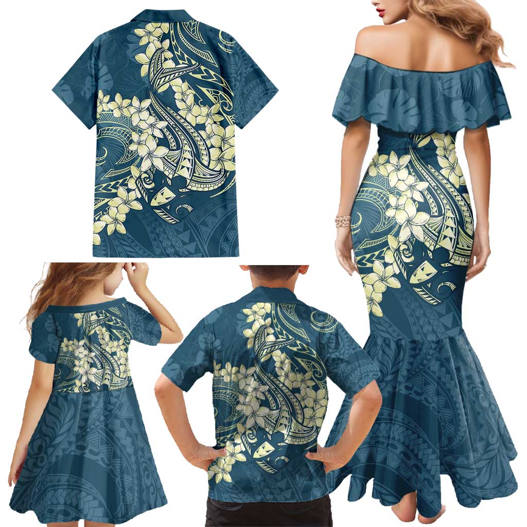Cyan Polynesia Hammerhead Shark Tattoo With Plumeria Lei Family Matching Mermaid Dress and Hawaiian Shirt