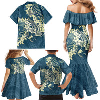 Cyan Polynesia Hammerhead Shark Tattoo With Plumeria Lei Family Matching Mermaid Dress and Hawaiian Shirt