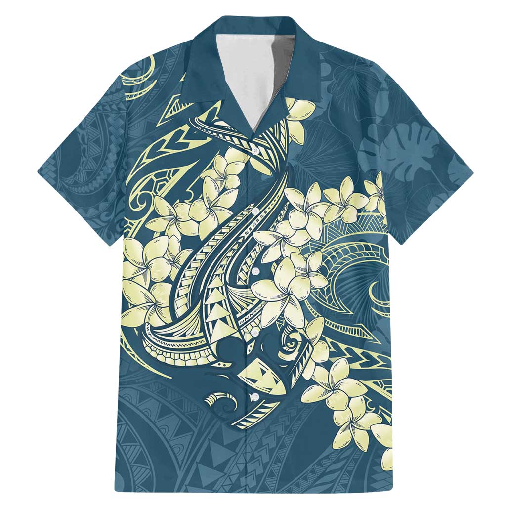 Cyan Polynesia Hammerhead Shark Tattoo With Plumeria Lei Family Matching Mermaid Dress and Hawaiian Shirt