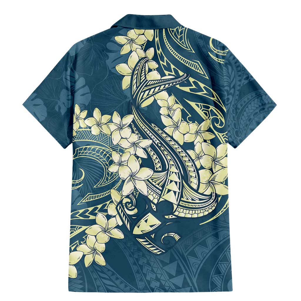 Cyan Polynesia Hammerhead Shark Tattoo With Plumeria Lei Family Matching Mermaid Dress and Hawaiian Shirt