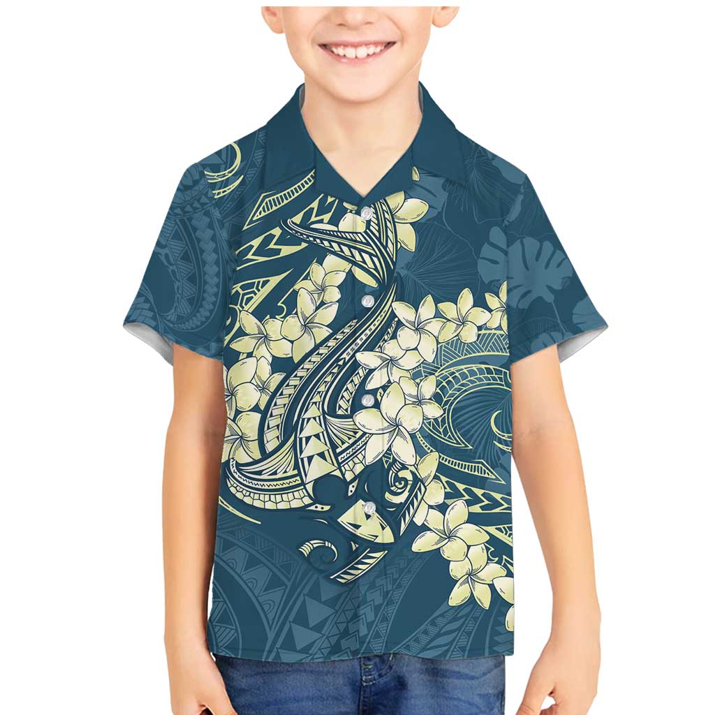 Cyan Polynesia Hammerhead Shark Tattoo With Plumeria Lei Family Matching Mermaid Dress and Hawaiian Shirt