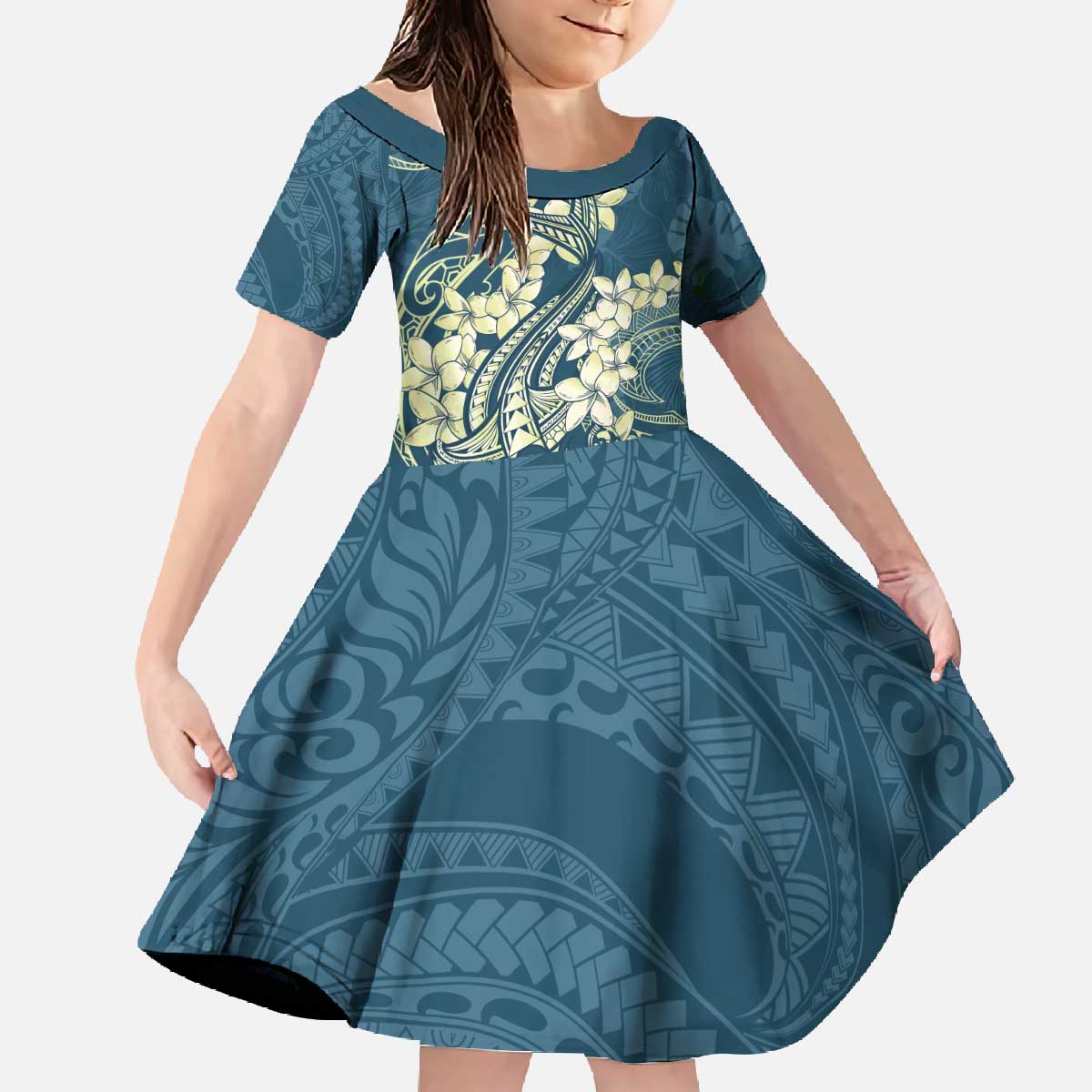 Cyan Polynesia Hammerhead Shark Tattoo With Plumeria Lei Family Matching Off The Shoulder Long Sleeve Dress and Hawaiian Shirt
