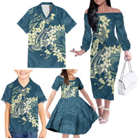Cyan Polynesia Hammerhead Shark Tattoo With Plumeria Lei Family Matching Off The Shoulder Long Sleeve Dress and Hawaiian Shirt