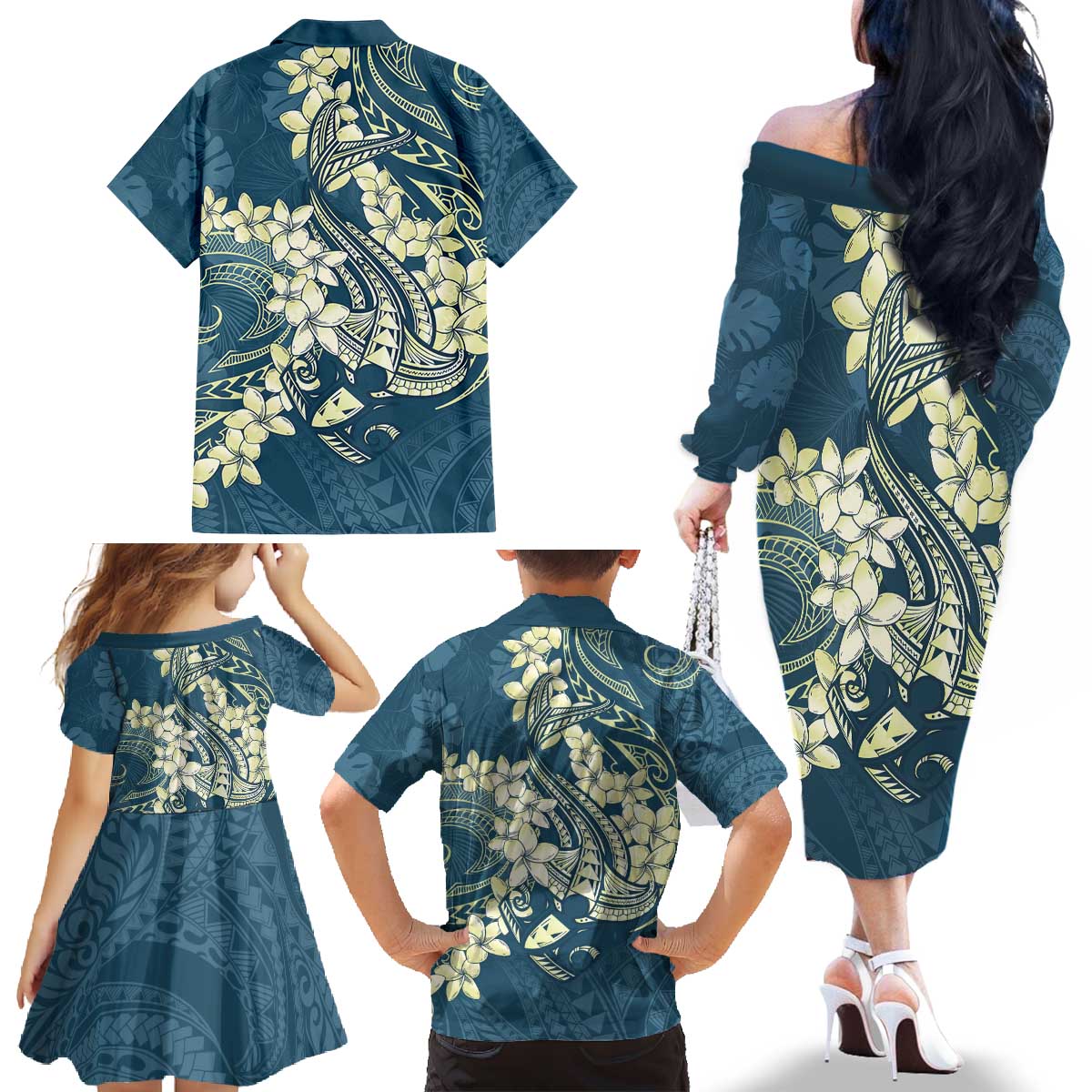 Cyan Polynesia Hammerhead Shark Tattoo With Plumeria Lei Family Matching Off The Shoulder Long Sleeve Dress and Hawaiian Shirt