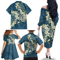 Cyan Polynesia Hammerhead Shark Tattoo With Plumeria Lei Family Matching Off The Shoulder Long Sleeve Dress and Hawaiian Shirt