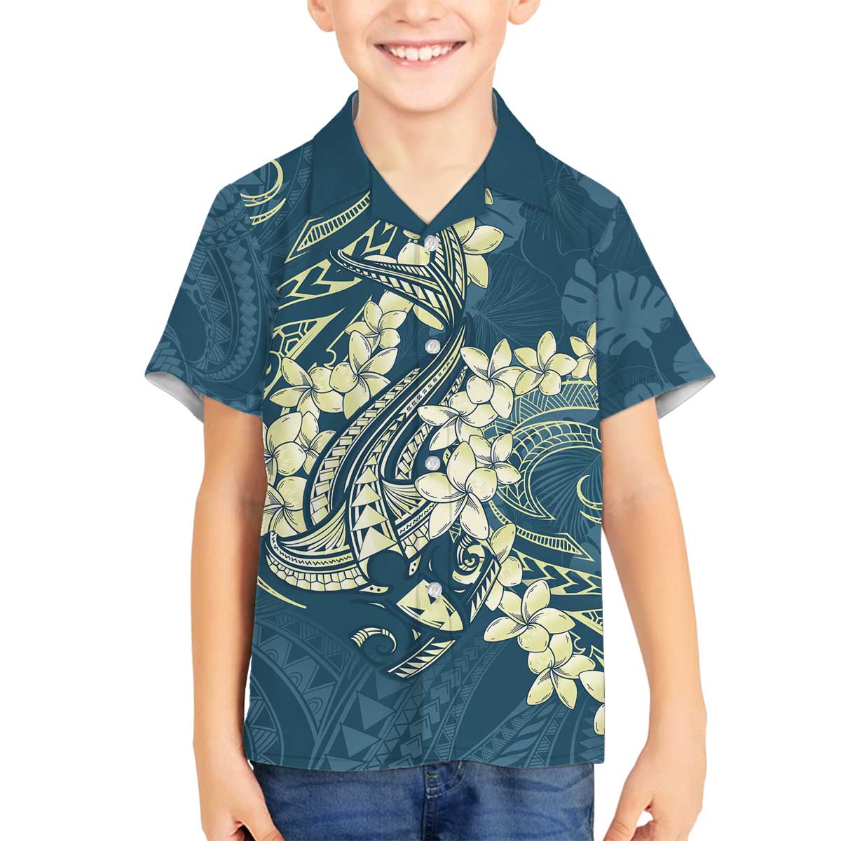 Cyan Polynesia Hammerhead Shark Tattoo With Plumeria Lei Family Matching Off The Shoulder Long Sleeve Dress and Hawaiian Shirt