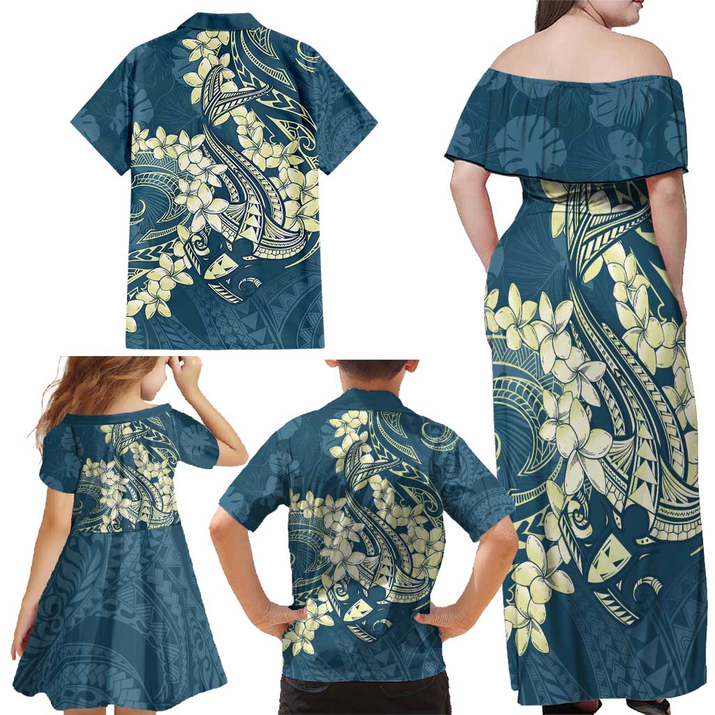 Cyan Polynesia Hammerhead Shark Tattoo With Plumeria Lei Family Matching Off Shoulder Maxi Dress and Hawaiian Shirt