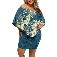 Cyan Polynesia Hammerhead Shark Tattoo With Plumeria Lei Family Matching Off Shoulder Short Dress and Hawaiian Shirt