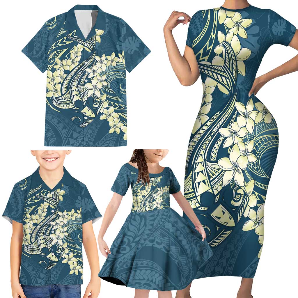 Cyan Polynesia Hammerhead Shark Tattoo With Plumeria Lei Family Matching Short Sleeve Bodycon Dress and Hawaiian Shirt