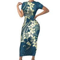 Cyan Polynesia Hammerhead Shark Tattoo With Plumeria Lei Family Matching Short Sleeve Bodycon Dress and Hawaiian Shirt