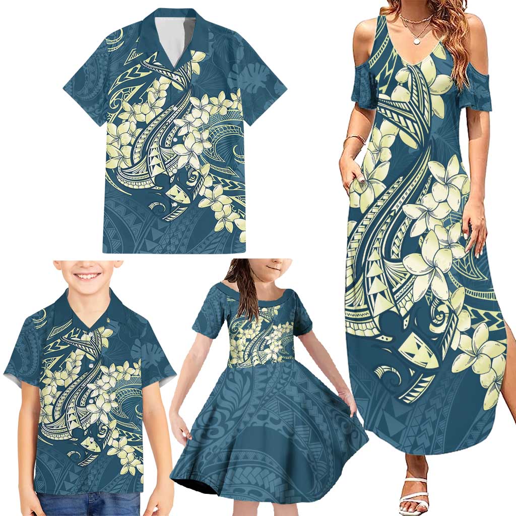 Cyan Polynesia Hammerhead Shark Tattoo With Plumeria Lei Family Matching Summer Maxi Dress and Hawaiian Shirt