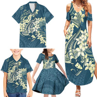 Cyan Polynesia Hammerhead Shark Tattoo With Plumeria Lei Family Matching Summer Maxi Dress and Hawaiian Shirt