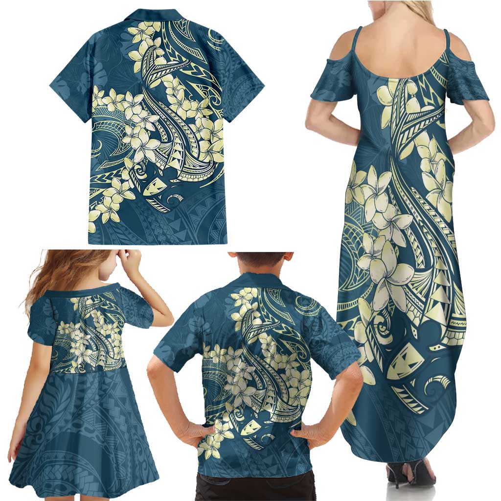 Cyan Polynesia Hammerhead Shark Tattoo With Plumeria Lei Family Matching Summer Maxi Dress and Hawaiian Shirt