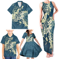 Cyan Polynesia Hammerhead Shark Tattoo With Plumeria Lei Family Matching Tank Maxi Dress and Hawaiian Shirt