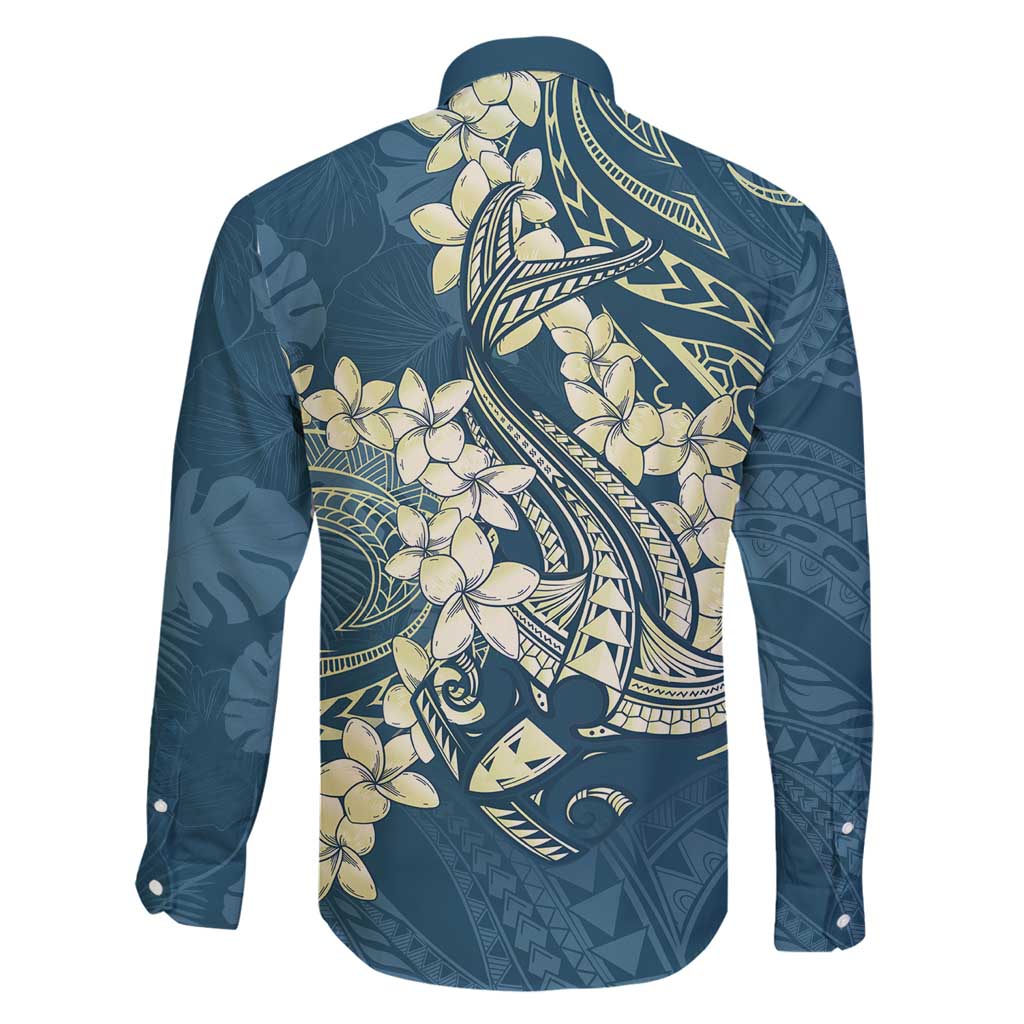 Cyan Polynesia Hammerhead Shark Tattoo With Plumeria Lei Family Matching Tank Maxi Dress and Hawaiian Shirt