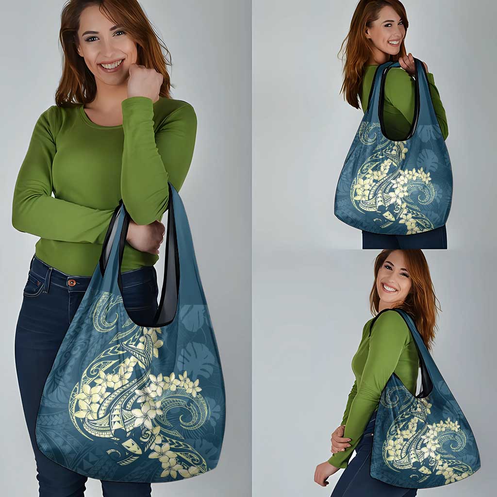 Cyan Polynesia Hammerhead Shark Tattoo With Plumeria Lei Grocery Bag LT14 - Polynesian Pride