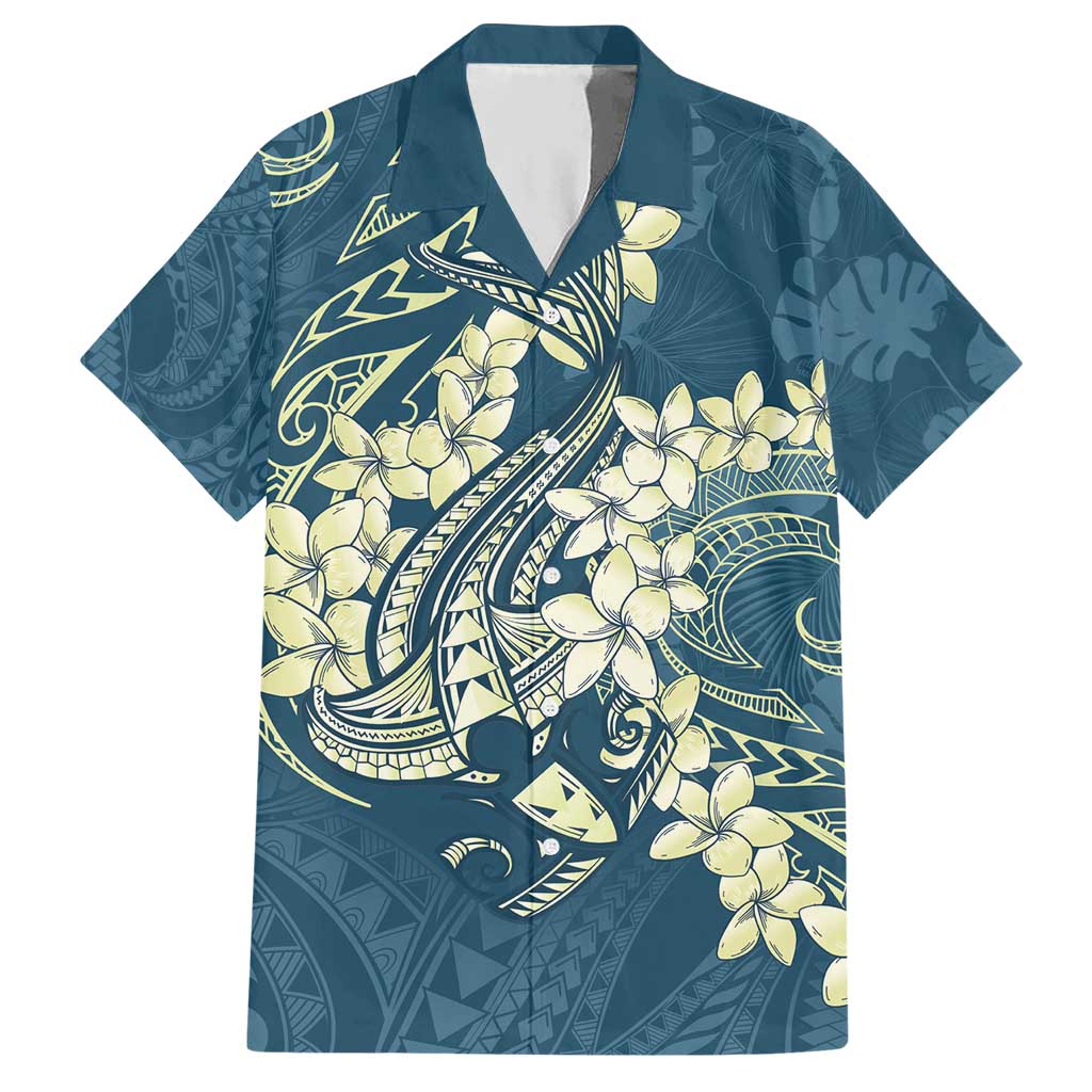 Cyan Polynesia Hammerhead Shark Tattoo With Plumeria Lei Hawaiian Shirt LT14 Cyan - Polynesian Pride