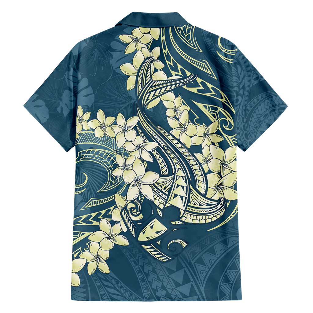 Cyan Polynesia Hammerhead Shark Tattoo With Plumeria Lei Hawaiian Shirt LT14 - Polynesian Pride