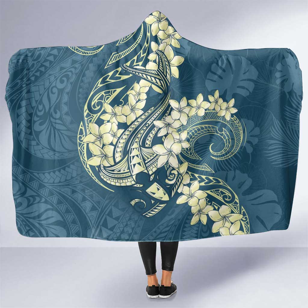 Cyan Polynesia Hammerhead Shark Tattoo With Plumeria Lei Hooded Blanket LT14 One Size Cyan - Polynesian Pride