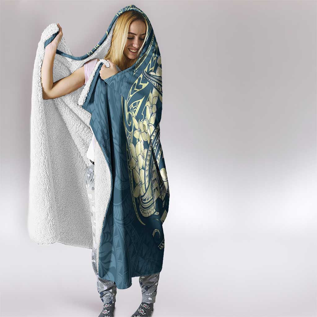 Cyan Polynesia Hammerhead Shark Tattoo With Plumeria Lei Hooded Blanket LT14 - Polynesian Pride
