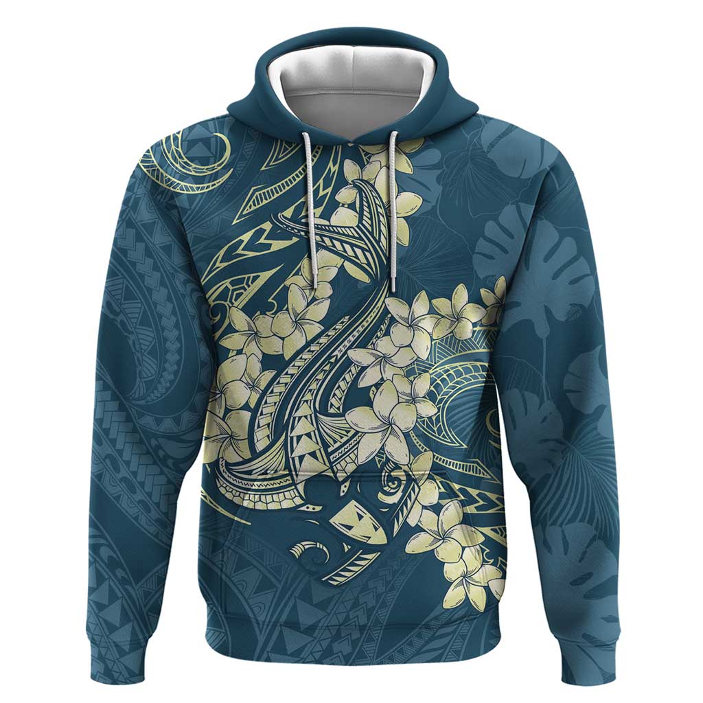 Cyan Polynesia Hammerhead Shark Tattoo With Plumeria Lei Hoodie