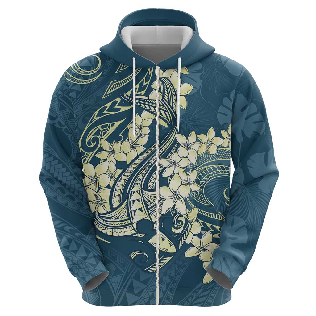 Cyan Polynesia Hammerhead Shark Tattoo With Plumeria Lei Hoodie