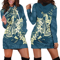 Cyan Polynesia Hammerhead Shark Tattoo With Plumeria Lei Hoodie Dress