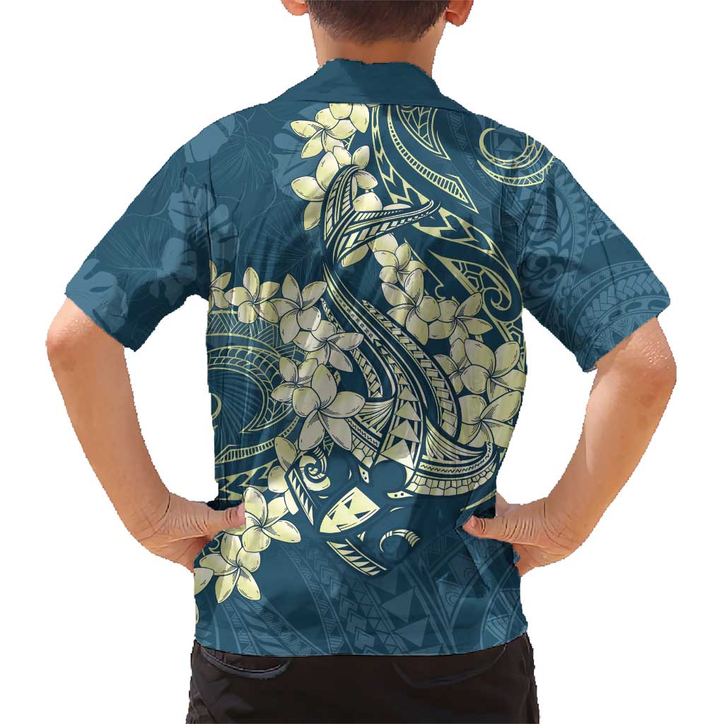 Cyan Polynesia Hammerhead Shark Tattoo With Plumeria Lei Kid Hawaiian Shirt LT14 - Polynesian Pride