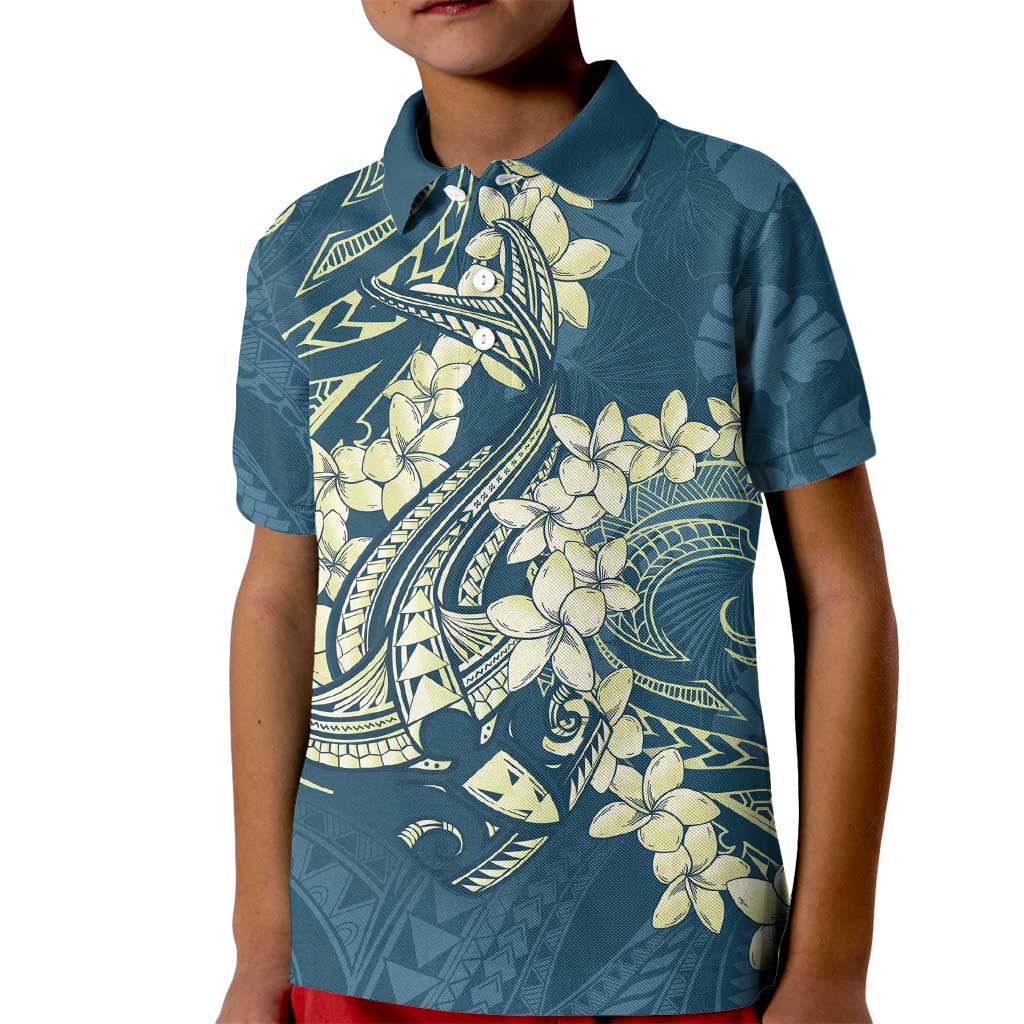 Cyan Polynesia Hammerhead Shark Tattoo With Plumeria Lei Kid Polo Shirt