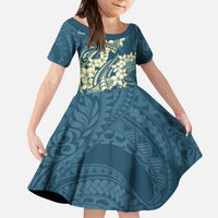 Cyan Polynesia Hammerhead Shark Tattoo With Plumeria Lei Kid Short Sleeve Dress LT14 KID Cyan - Polynesian Pride