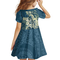 Cyan Polynesia Hammerhead Shark Tattoo With Plumeria Lei Kid Short Sleeve Dress LT14 - Polynesian Pride