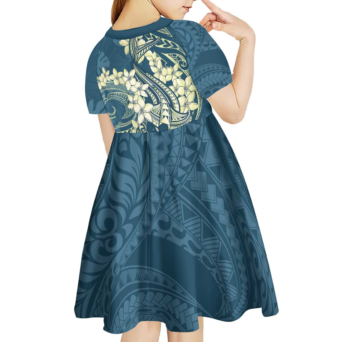 Cyan Polynesia Hammerhead Shark Tattoo With Plumeria Lei Kid Short Sleeve Dress LT14 - Polynesian Pride