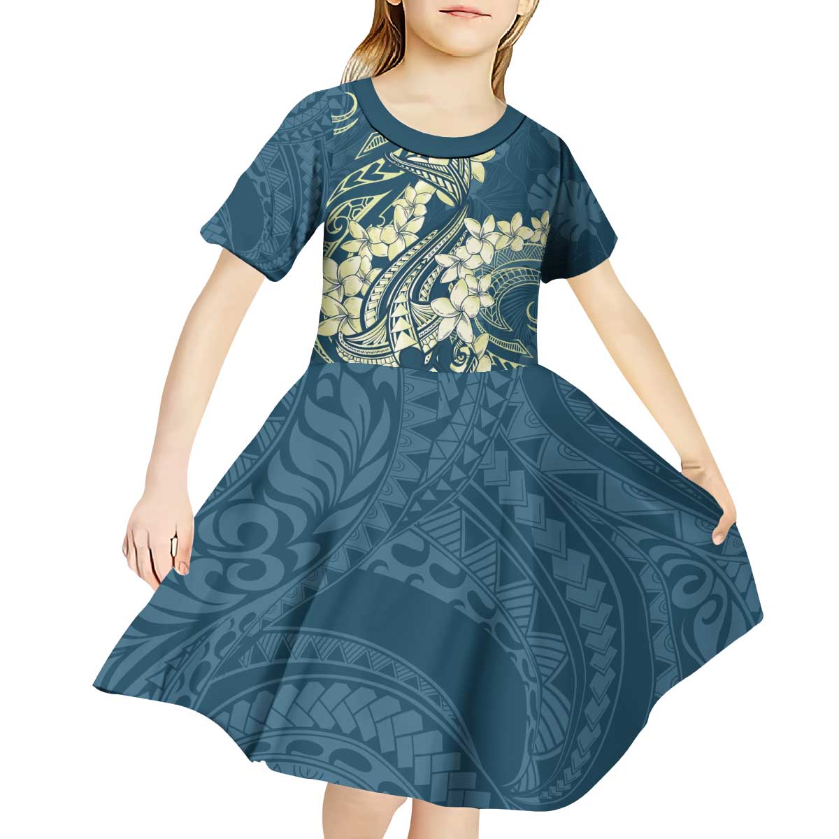 Cyan Polynesia Hammerhead Shark Tattoo With Plumeria Lei Kid Short Sleeve Dress LT14 - Polynesian Pride