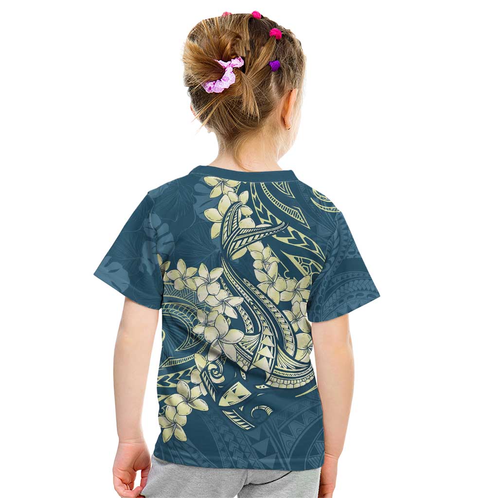 Cyan Polynesia Hammerhead Shark Tattoo With Plumeria Lei Kid T Shirt