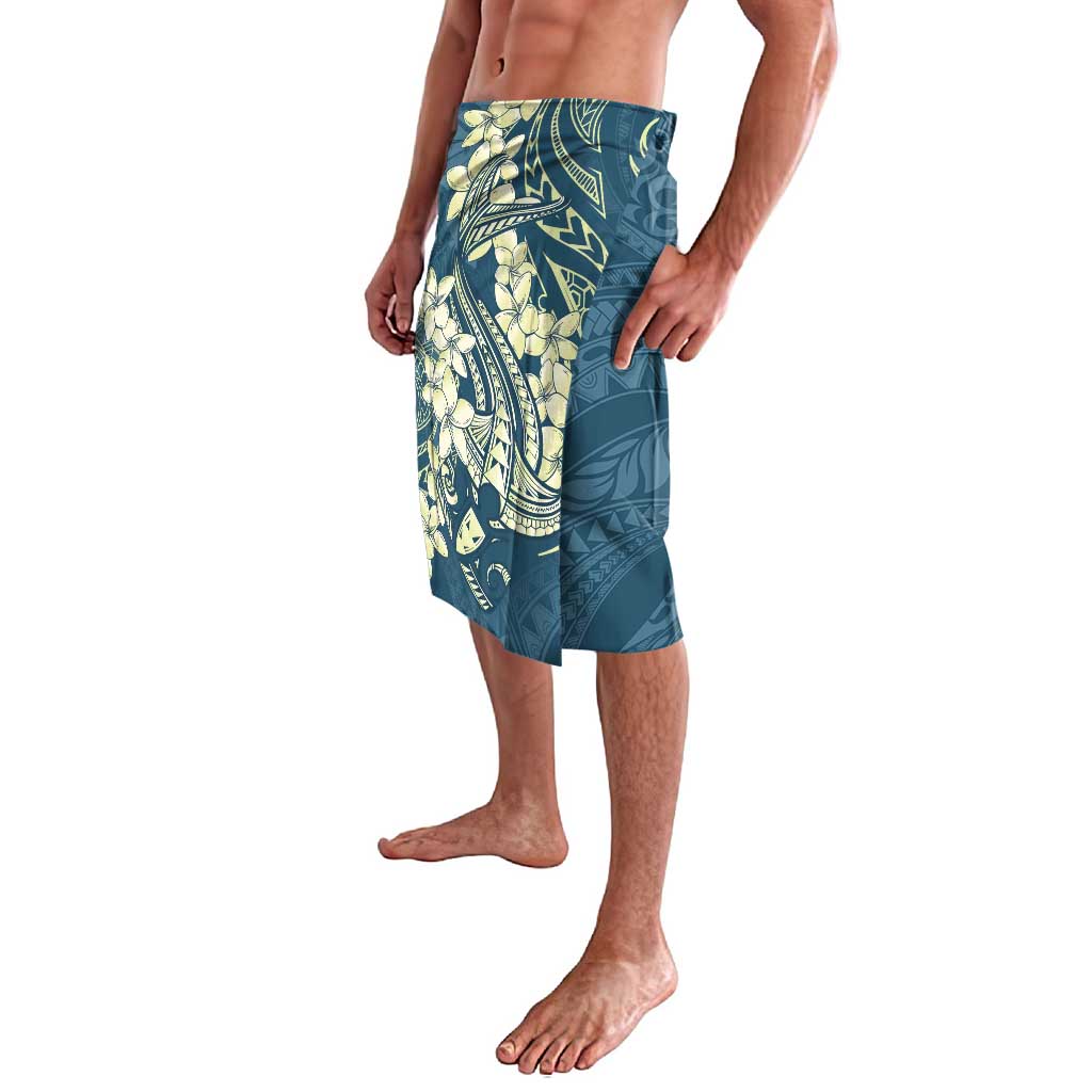 Cyan Polynesia Hammerhead Shark Tattoo With Plumeria Lei Lavalava