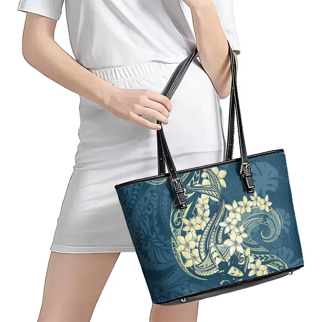 Cyan Polynesia Hammerhead Shark Tattoo With Plumeria Lei Leather Tote Bag