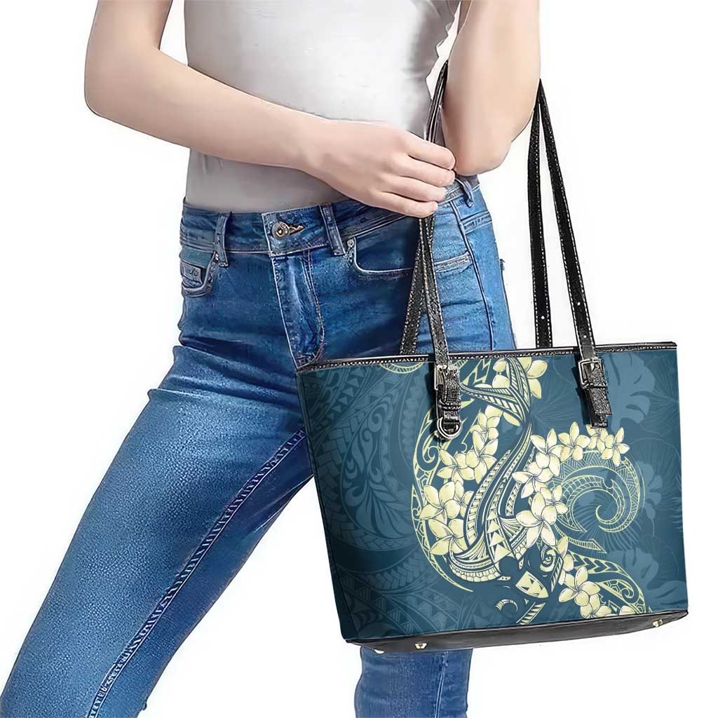 Cyan Polynesia Hammerhead Shark Tattoo With Plumeria Lei Leather Tote Bag