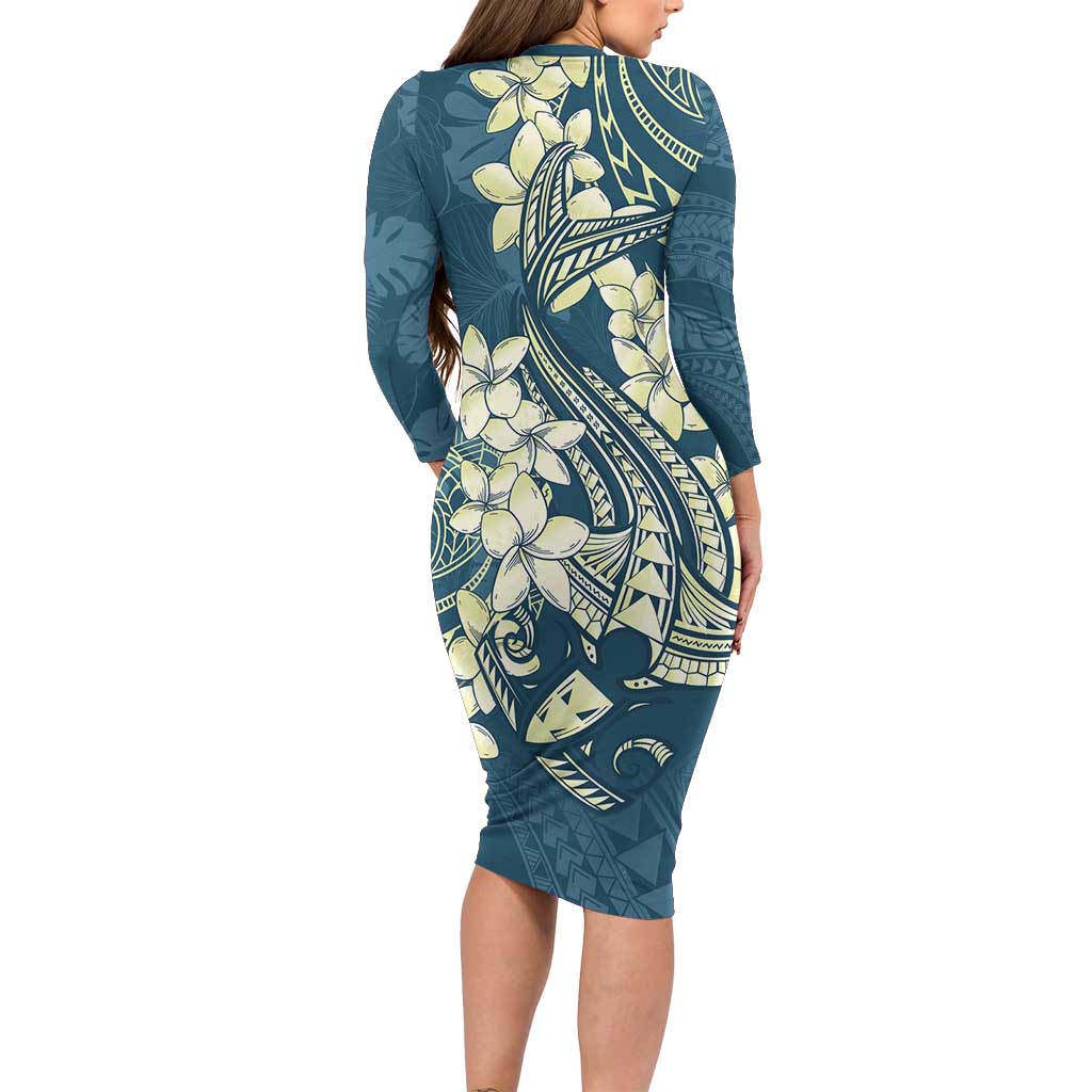 Cyan Polynesia Hammerhead Shark Tattoo With Plumeria Lei Long Sleeve Bodycon Dress