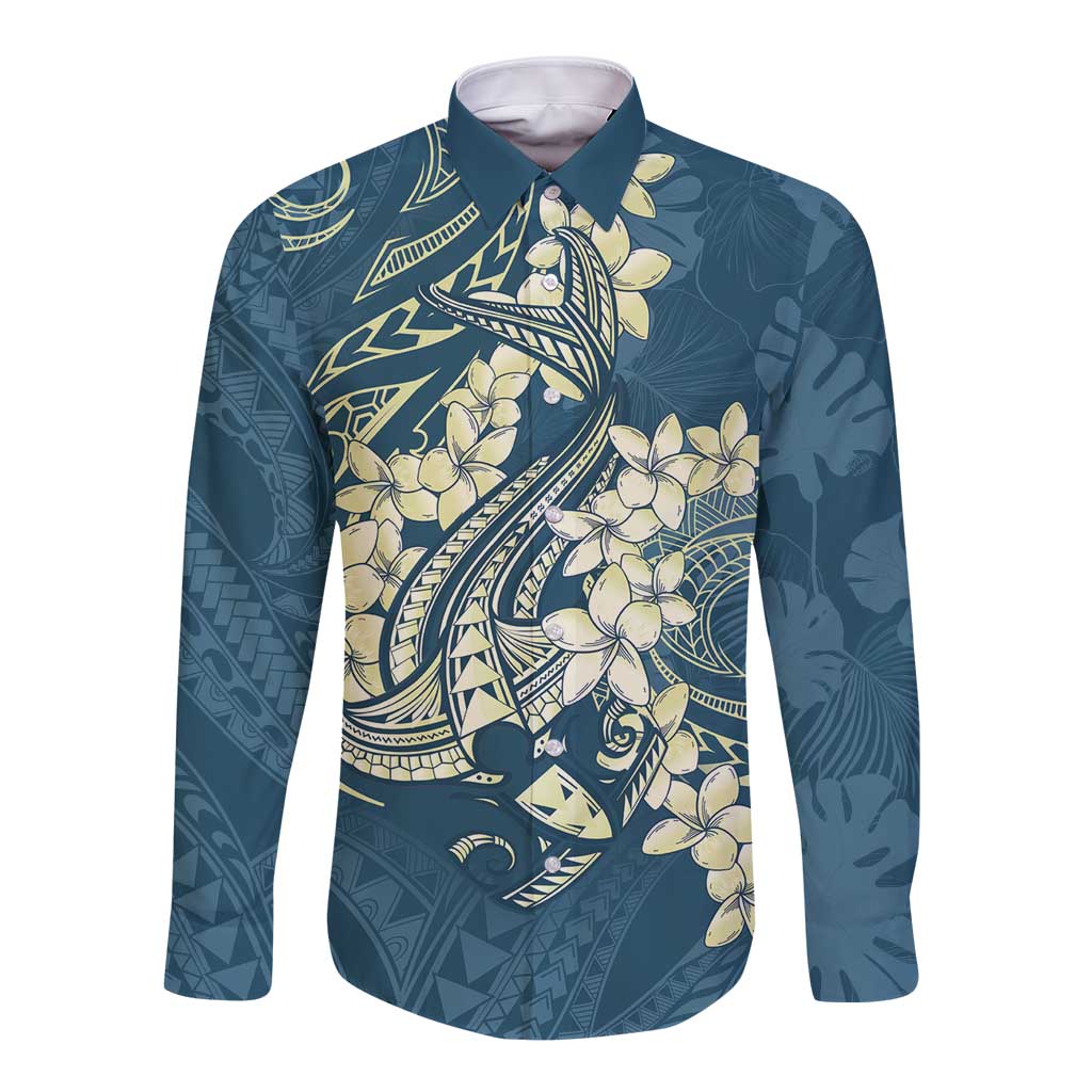 Cyan Polynesia Hammerhead Shark Tattoo With Plumeria Lei Long Sleeve Button Shirt LT14 Unisex Cyan - Polynesian Pride