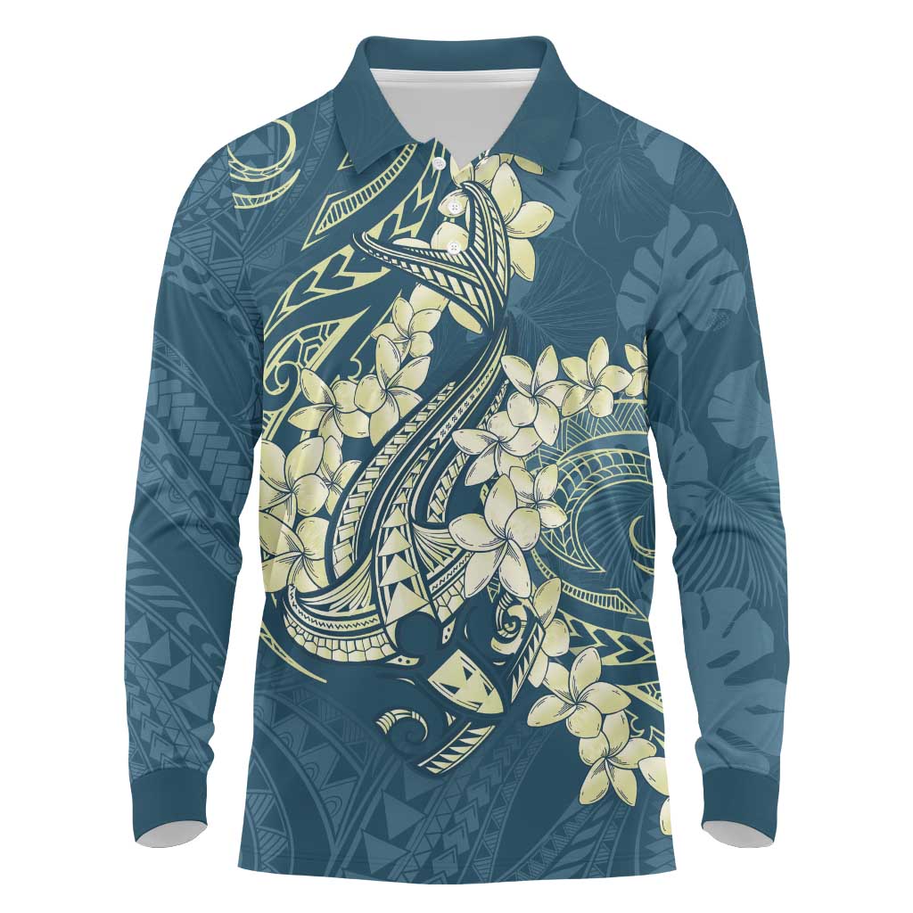 Cyan Polynesia Hammerhead Shark Tattoo With Plumeria Lei Long Sleeve Polo Shirt