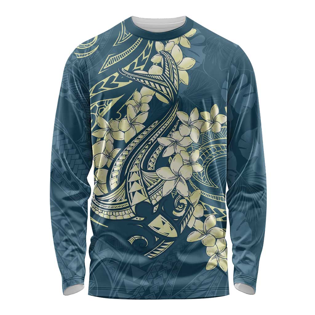 Cyan Polynesia Hammerhead Shark Tattoo With Plumeria Lei Long Sleeve Shirt LT14 Unisex Cyan - Polynesian Pride